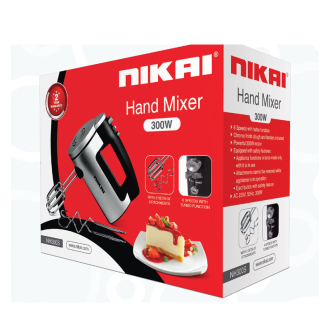 Nikai Hand Mixer 6 Speeds With Turbo Function 300W NH300S 2 Beaters For Eggs And Cream And 2 Hooks For Mixing Dough