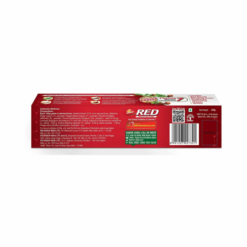 Dabur Toothpaste Fluoride Free, Helps In Bad Breath Treatment, Cavity Protection, Plaque Removal, Power Of 13 Potent Ayurvedic Herbs, Red 200G - Set Of 3 Pcs 3 Dabur Toothpaste Fluoride Free, Helps In Bad Breath Treatment, Cavity Protection, Plaque Removal, Power Of 13 Potent Ayurvedic Herbs, Red 200G - Set Of 3 Pcs