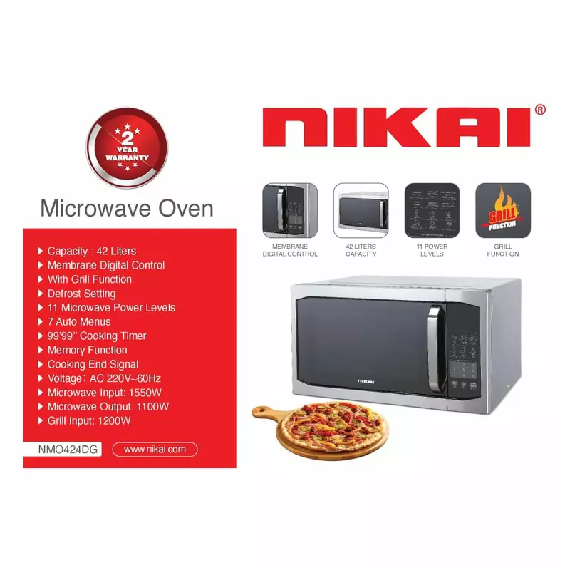 Nikai Microwave 42L Digital 11 Power Levels With Grill Function 1200W Nmo424Dg Defrost Settings Memory Function 99:99 Cooking Timer Microwave Input 1550W, Microwave Output 1100W Grill Input 1200W) 3 Nikai Microwave 42L Digital 11 Power Levels With Grill Function 1200W Nmo424Dg Defrost Settings Memory Function 99:99 Cooking Timer Microwave Input 1550W, Microwave Output 1100W Grill Input 1200W)