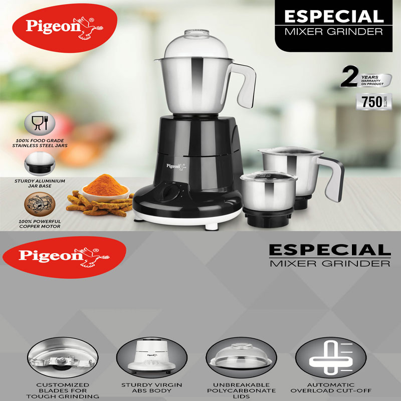 Pigeon Blender 1.5L Big Jar 1L Medium Jar 0.4L Chutney Jar Mixer Grinder Especial 3 Steel Jars 750W Sap 14075 Stainless Steel Blades For Tough Grinding Heavy Duty Motor Unbreakable Polycarbonate Lid For Convenient Grinding 9 Pigeon Blender 1.5L Big Jar 1L Medium Jar 0.4L Chutney Jar Mixer Grinder Especial 3 Steel Jars 750W Sap 14075 Stainless Steel Blades For Tough Grinding Heavy Duty Motor Unbreakable Polycarbonate Lid For Convenient Grinding