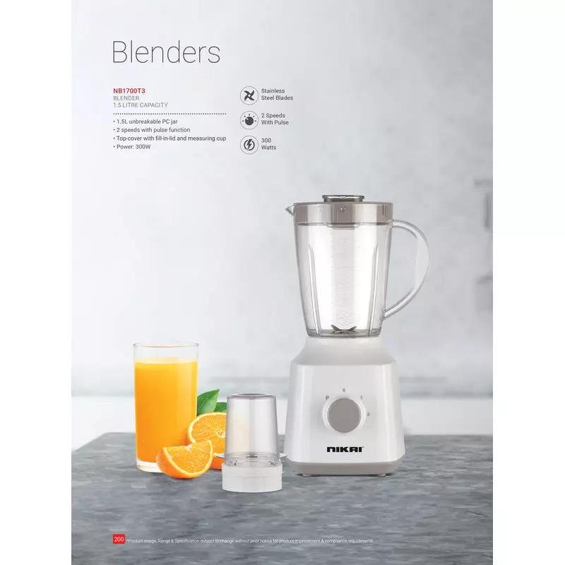 Nikai Blender 1.5L With Dry Grinder 300W Nb1700T3 Unbreakable Jar Stainless Steel Blades 2 Speeds With Pulse 4 Nikai Blender 1.5L With Dry Grinder 300W Nb1700T3 Unbreakable Jar Stainless Steel Blades 2 Speeds With Pulse