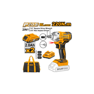 Ingco Cordless Impact Driver & Wrench Lithium-ion 20V with Brushless Motor, Charger & Battery CIWLI20208