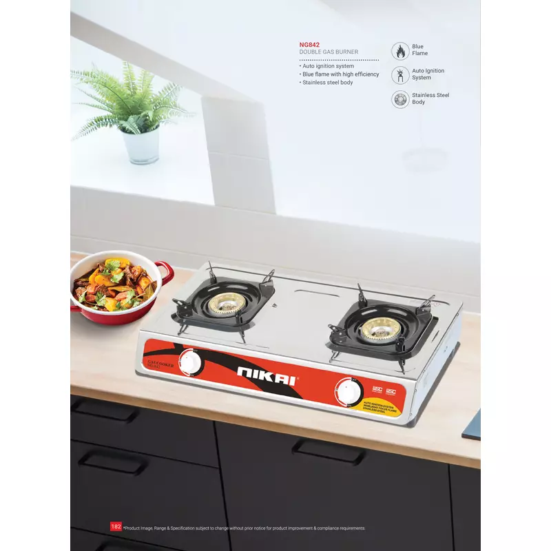 Nikai Gas Cooker 2 Burner Steel Ng842 Stainless Steel Auto Ignition System Blue Flame 4 Nikai Gas Cooker 2 Burner Steel Ng842 Stainless Steel Auto Ignition System Blue Flame