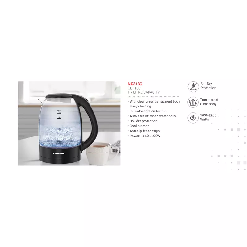Nikai Jug Kettle 1.2L Glass With Cord Storage 2200W Nk313G Automatic Shut Off Boil Dry Protection With Indicator Light On Handle 2 Nikai Jug Kettle 1.2L Glass With Cord Storage 2200W Nk313G Automatic Shut Off Boil Dry Protection With Indicator Light On Handle