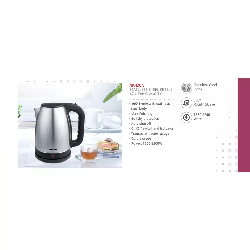 Nikai Jug Kettle 1.7L Steel With Cord Storage 2200W Nk420A Automatic Shut Off Boil Dry Protection With Indicator Stainless Steel Body 14 Nikai Jug Kettle 1.7L Steel With Cord Storage 2200W Nk420A Automatic Shut Off Boil Dry Protection With Indicator Stainless Steel Body
