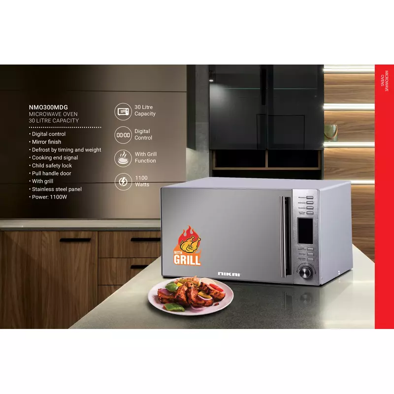 Nikai Microwave 30L Digital 5 Power Levels With Grill Function 1100W Nmo300Mdg Defrost By Timing And Weight Cooking End Signal Pull Handle Door Stainless Steel Panel 4 Nikai Microwave 30L Digital 5 Power Levels With Grill Function 1100W Nmo300Mdg Defrost By Timing And Weight Cooking End Signal Pull Handle Door Stainless Steel Panel