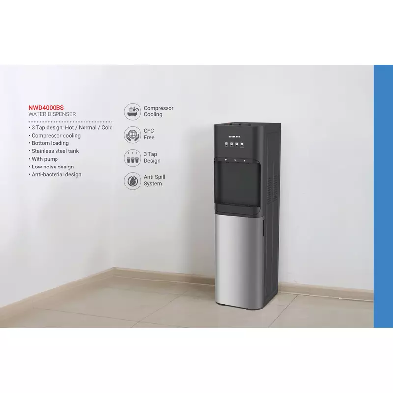Nikai Water Dispenser 3 Taps Bottom Load With Pump Nwd4000Bs 3 Taps Hot Normal And Cold Compressor Cooling Steel Tank Anti Bacterial Design 8 Nikai Water Dispenser 3 Taps Bottom Load With Pump Nwd4000Bs 3 Taps Hot Normal And Cold Compressor Cooling Steel Tank Anti Bacterial Design