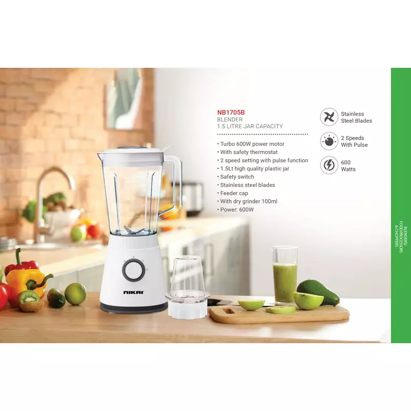 Nikai Blender 1.5L With Dry Grinder 600W Nb1705B Jar With Feeder Cap Stainless Steel Blades 2 Speeds With Pulse 2 Nikai Blender 1.5L With Dry Grinder 600W Nb1705B Jar With Feeder Cap Stainless Steel Blades 2 Speeds With Pulse