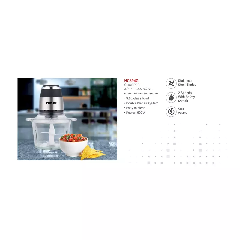 Nikai Chopper 3L Glass Bowl 500W Nc394G Detachable Blade Stainless Steel Blades 2 Speed With Safety Switch 4 Nikai Chopper 3L Glass Bowl 500W Nc394G Detachable Blade Stainless Steel Blades 2 Speed With Safety Switch