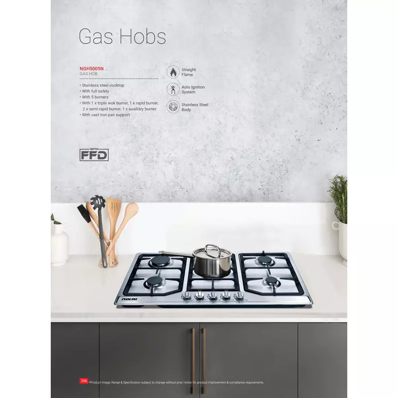 Nikai Gas Cooker 5 Burner Steel Built In Hob 800X500X120 Ngh5005N Stainless Steel Auto Ignition System With Cast Iron Pan Support Straight Flame 3 Nikai Gas Cooker 5 Burner Steel Built In Hob 800X500X120 Ngh5005N Stainless Steel Auto Ignition System With Cast Iron Pan Support Straight Flame