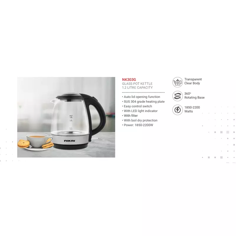 Nikai Jug Kettle 1.2L Glass With Filter 2200W Nk303G Filter With Boil Dry Protectiion Led Indicator Light With Sus 304 Grade Heating Plate 9 Nikai Jug Kettle 1.2L Glass With Filter 2200W Nk303G Filter With Boil Dry Protectiion Led Indicator Light With Sus 304 Grade Heating Plate
