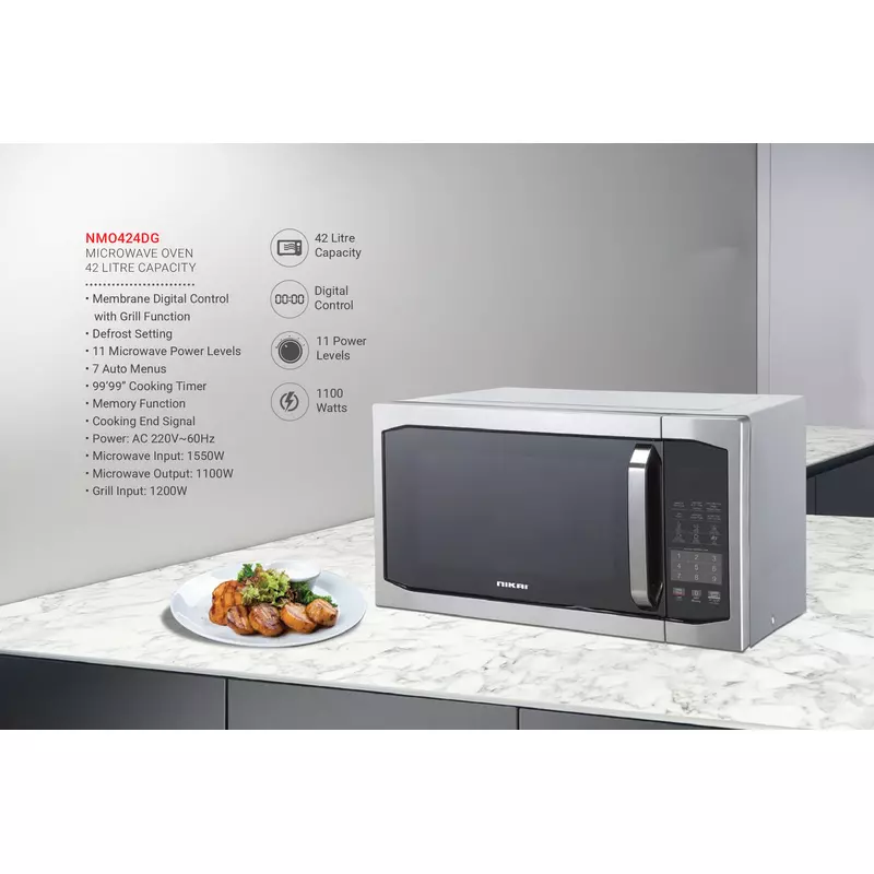 Nikai Microwave 42L Digital 11 Power Levels With Grill Function 1200W Nmo424Dg Defrost Settings Memory Function 99:99 Cooking Timer Microwave Input 1550W, Microwave Output 1100W Grill Input 1200W) 5 Nikai Microwave 42L Digital 11 Power Levels With Grill Function 1200W Nmo424Dg Defrost Settings Memory Function 99:99 Cooking Timer Microwave Input 1550W, Microwave Output 1100W Grill Input 1200W)