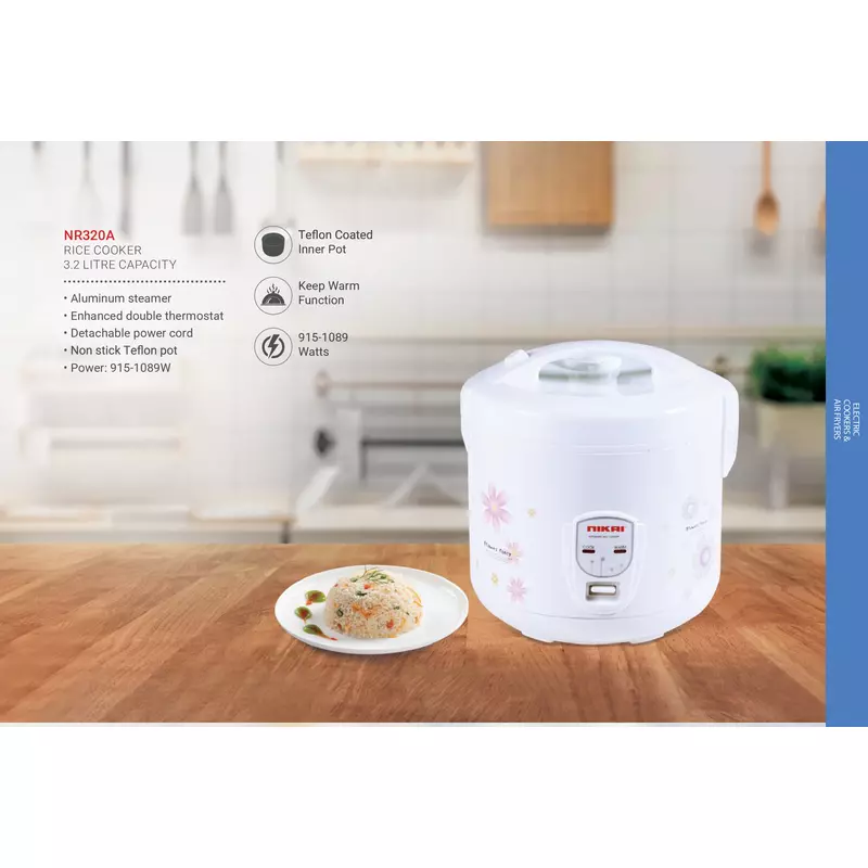 Nikai Rice Cooker 3.2L Keep Warm Function Teflon Coated Inner Pot Nr320A Aluminum Steamer Double Thermostat Detachable Power Cord 3 Nikai Rice Cooker 3.2L Keep Warm Function Teflon Coated Inner Pot Nr320A Aluminum Steamer Double Thermostat Detachable Power Cord