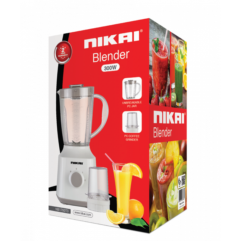 Nikai Blender 1.5L With Dry Grinder 300W Nb1700T3 Unbreakable Jar Stainless Steel Blades 2 Speeds With Pulse 3 Nikai Blender 1.5L With Dry Grinder 300W Nb1700T3 Unbreakable Jar Stainless Steel Blades 2 Speeds With Pulse