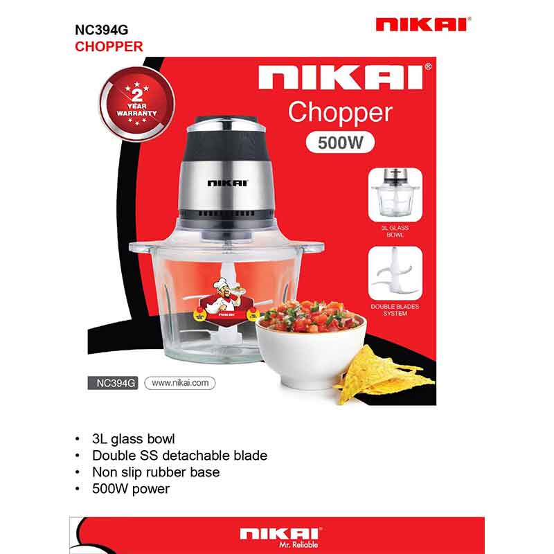 Nikai Chopper 3L Glass Bowl 500W Nc394G Detachable Blade Stainless Steel Blades 2 Speed With Safety Switch 3 Nikai Chopper 3L Glass Bowl 500W Nc394G Detachable Blade Stainless Steel Blades 2 Speed With Safety Switch