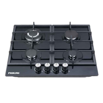 Nikai Gas Cooker 4 Burner Glass 8mm Tempered Built in Hob 580x500x120mm NGH44G Auto Ignition System Cast Iron Pan Supports Triple Ring Wok Burner‎