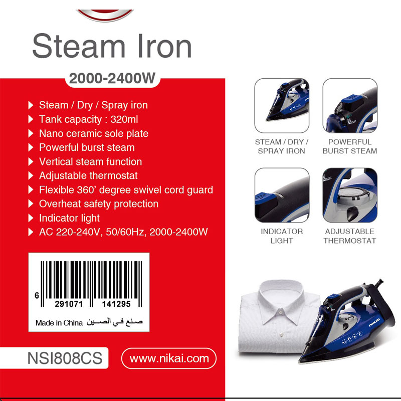 Nikai Steam Iron 320Ml Tank Dry And Spray Function 2200W Nsi808Cs Temperature Control Nano Ceramic Sole Plate Vertical Steam Function Indiator Light Powerful Burst System 8 Nikai Steam Iron 320Ml Tank Dry And Spray Function 2200W Nsi808Cs Temperature Control Nano Ceramic Sole Plate Vertical Steam Function Indiator Light Powerful Burst System