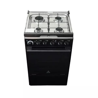 Delta Cooker 50x55cm, 4 Gas Burners, Gas Oven & Grill, Stainless Steel Cooktop, Mirror Door, Auto Ignition, Double Glass Door, Glass Lid, Black DGC401B