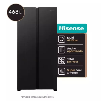 Hisense slim Side By Side Fridge 468L, Multi Air Flow, Total Noe Frost, Super Freeze Black RS3N428NAB