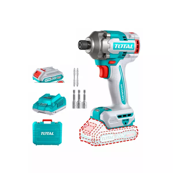 Total Cordless Impact Driver 285Nm Lithium-Ion 20V With Screwdriver Bits, Nut Setters, Battery &Amp; Charger Tirli2028 1 Total Cordless Impact Driver 285Nm Lithium-Ion 20V With Screwdriver Bits, Nut Setters, Battery &Amp; Charger Tirli2028